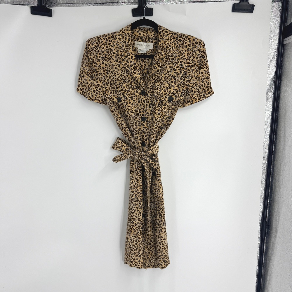 Maggy London 100% Silk Leopard Animal Print Short Sleeve Belted Shirt Dress 4